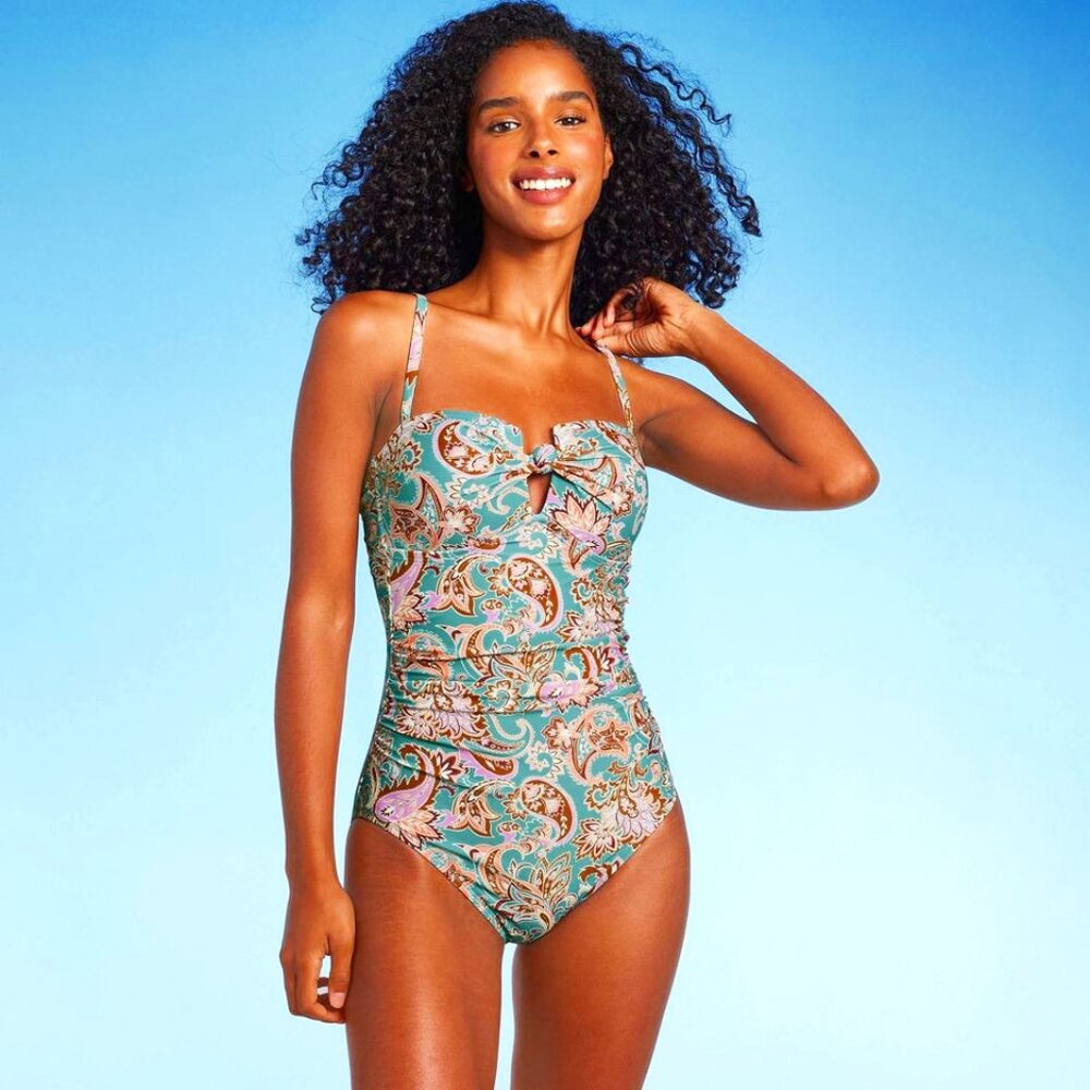 Shade & Shore Women's Bandeau Swimwear Shirred One Piece Floral S, M, XL